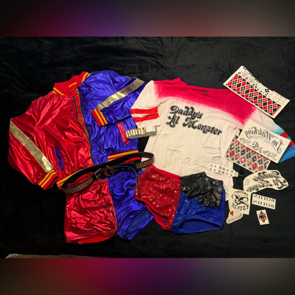 Harley Quinn costume with temporary tattoos